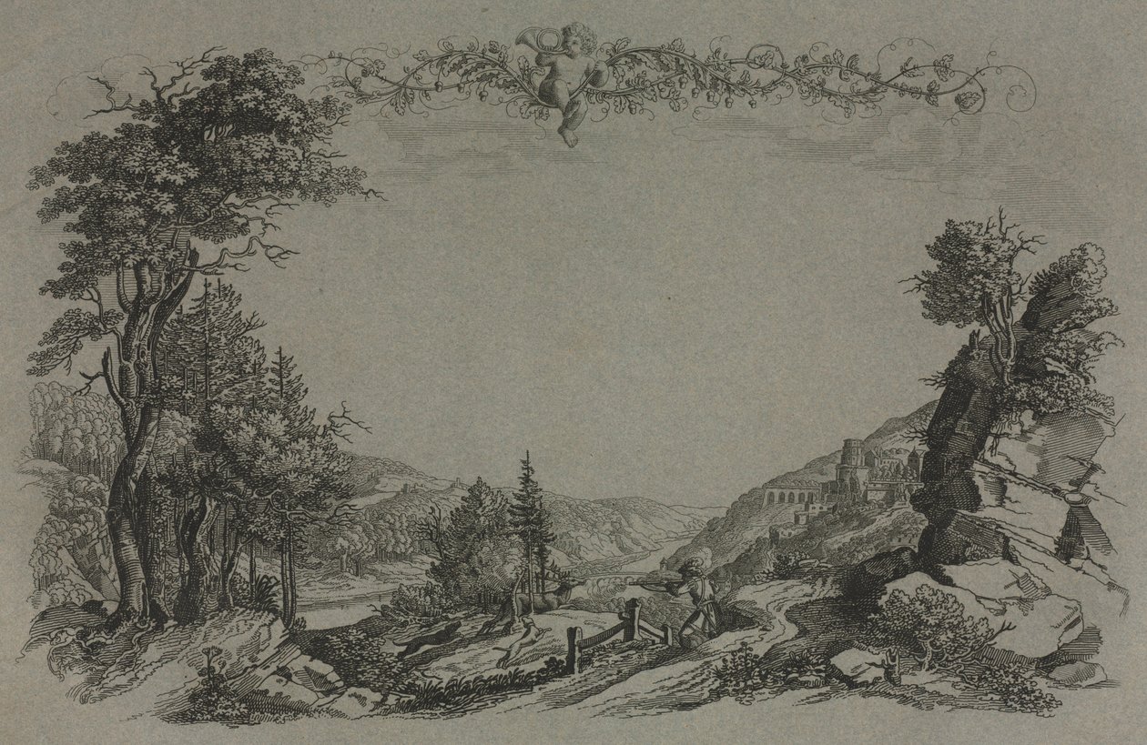 Seis vistas do castelo de Heidelberg: capa, cena de caça, 1820. de Ernst Fries