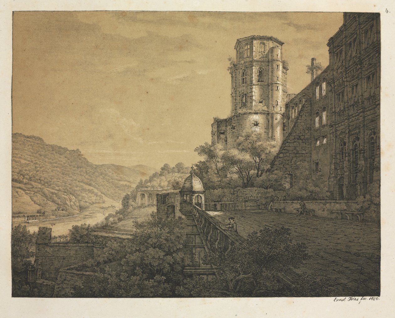 Seis vistas do castelo de Heidelberg: Quintal, na entrada, 1820. de Ernst Fries