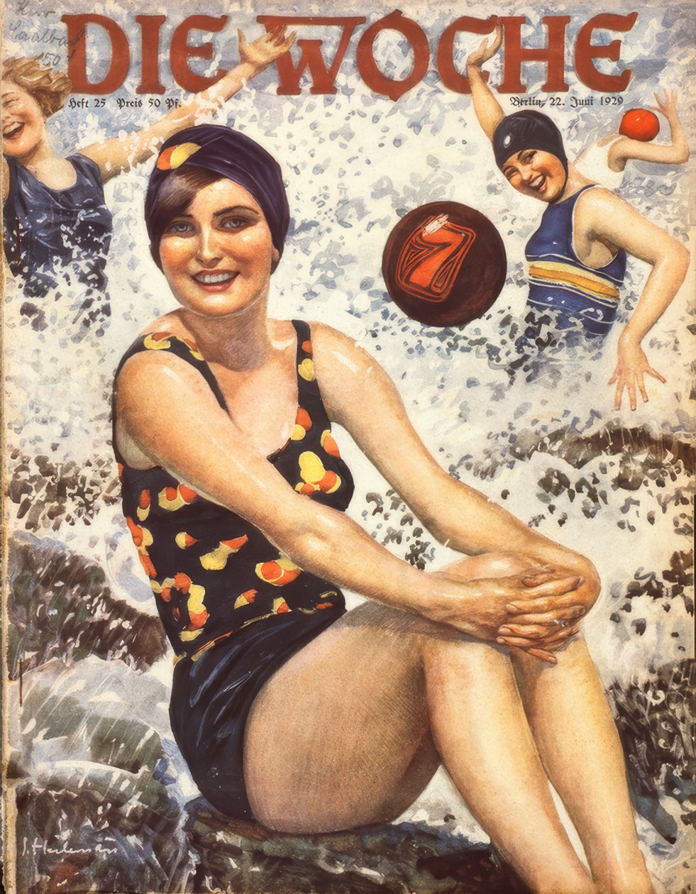 Mulheres jovens nas ondas - homem que cura de Ernst Heilemann