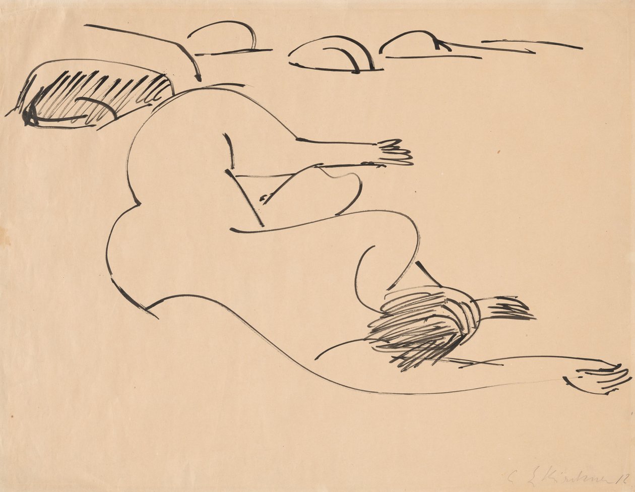 Erna Deitada na Praia entre Rochas, 1912. de Ernst Ludwig Kirchner