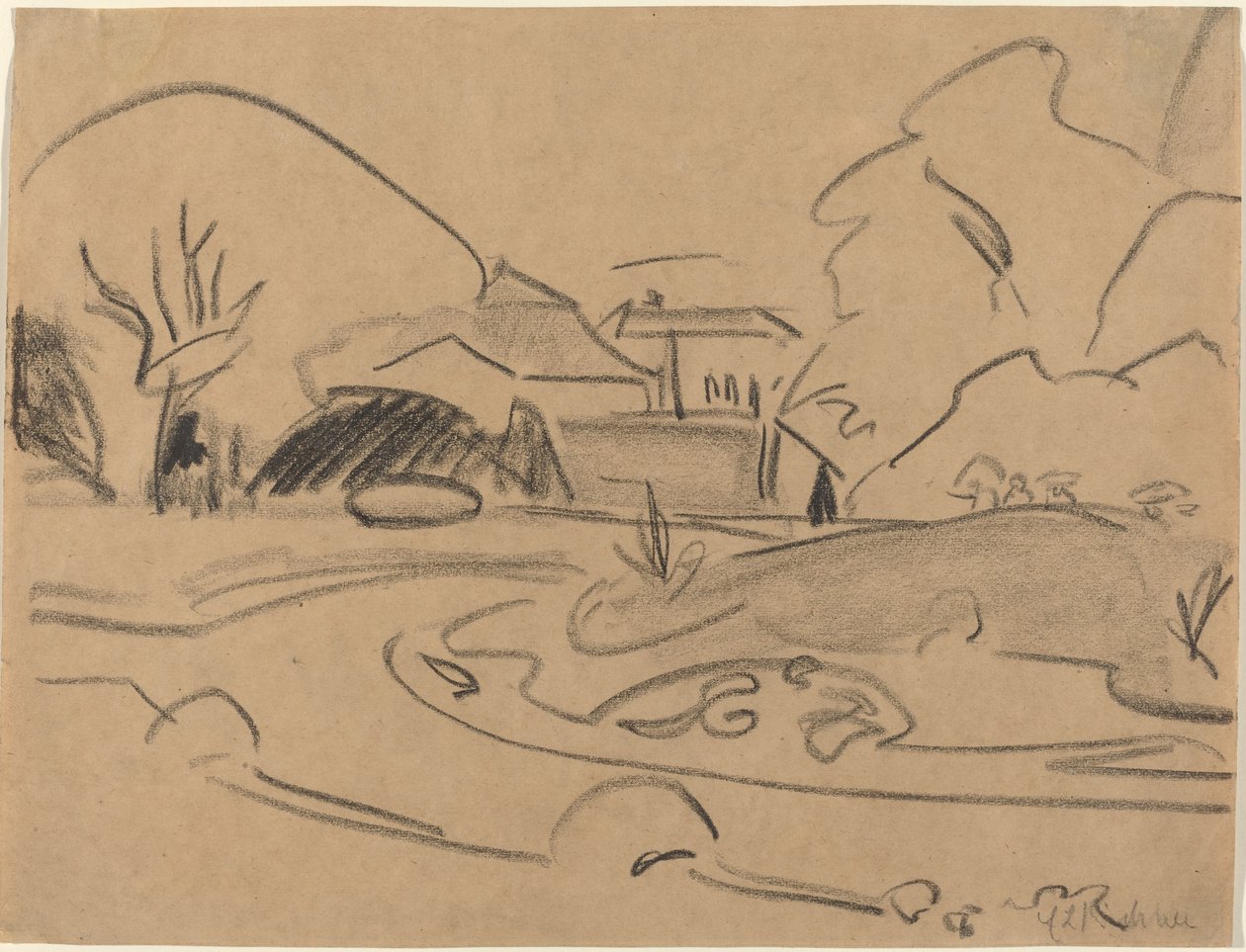 Trilhos e Pavilhão no Dresden Grosser Garten, c. 1909. de Ernst Ludwig Kirchner
