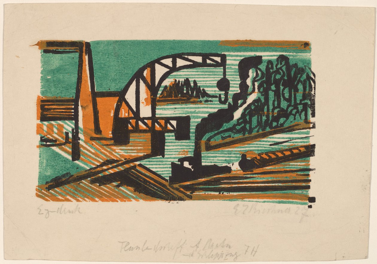 Paisagem fluvial com guindaste e barcaças, 1927. de Ernst Ludwig Kirchner