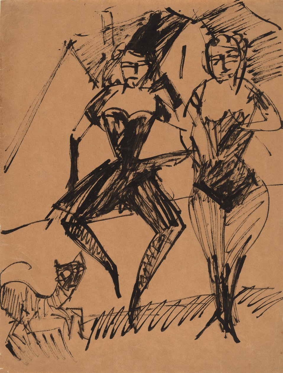 Dois dançarinos com um gato, 1913. de Ernst Ludwig Kirchner