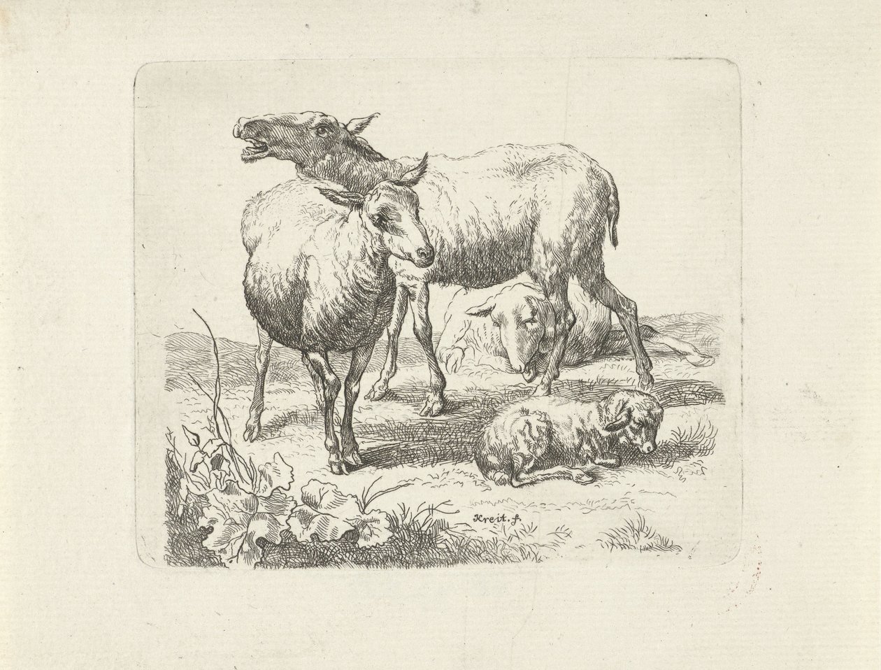 Três ovelhas e um cordeiro num prado de Ernst Ludwig Creite