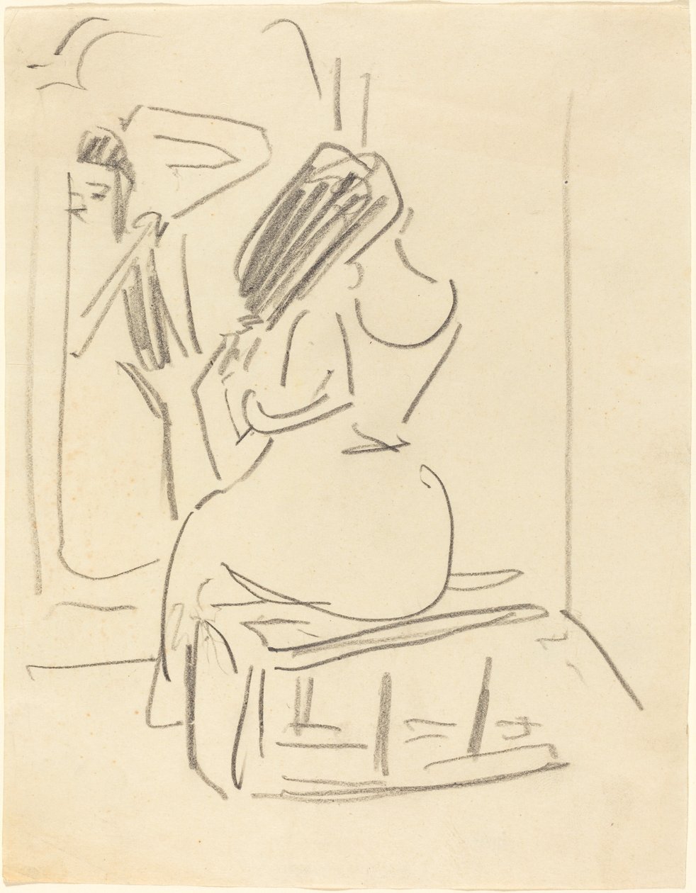 Uma mulher penteando o cabelo na frente de um espelho de Ernst Ludwig Kirchner