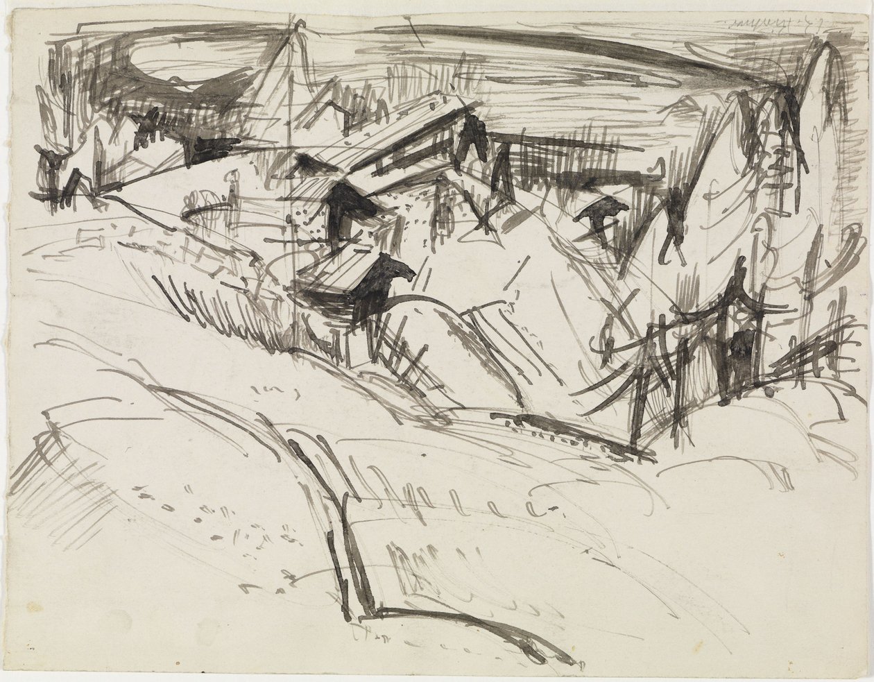 Alpe com cabanas e abetos de Ernst Ludwig Kirchner