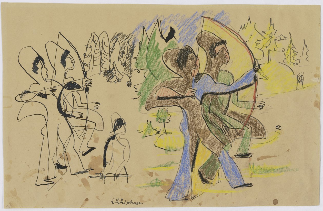 Arqueiros, c.1935 (caneta e giz sobre papel castanho) de Ernst Ludwig Kirchner