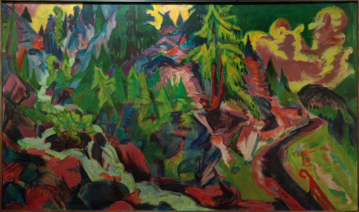Paisagem de pinheiros com cascata de Ernst Ludwig Kirchner