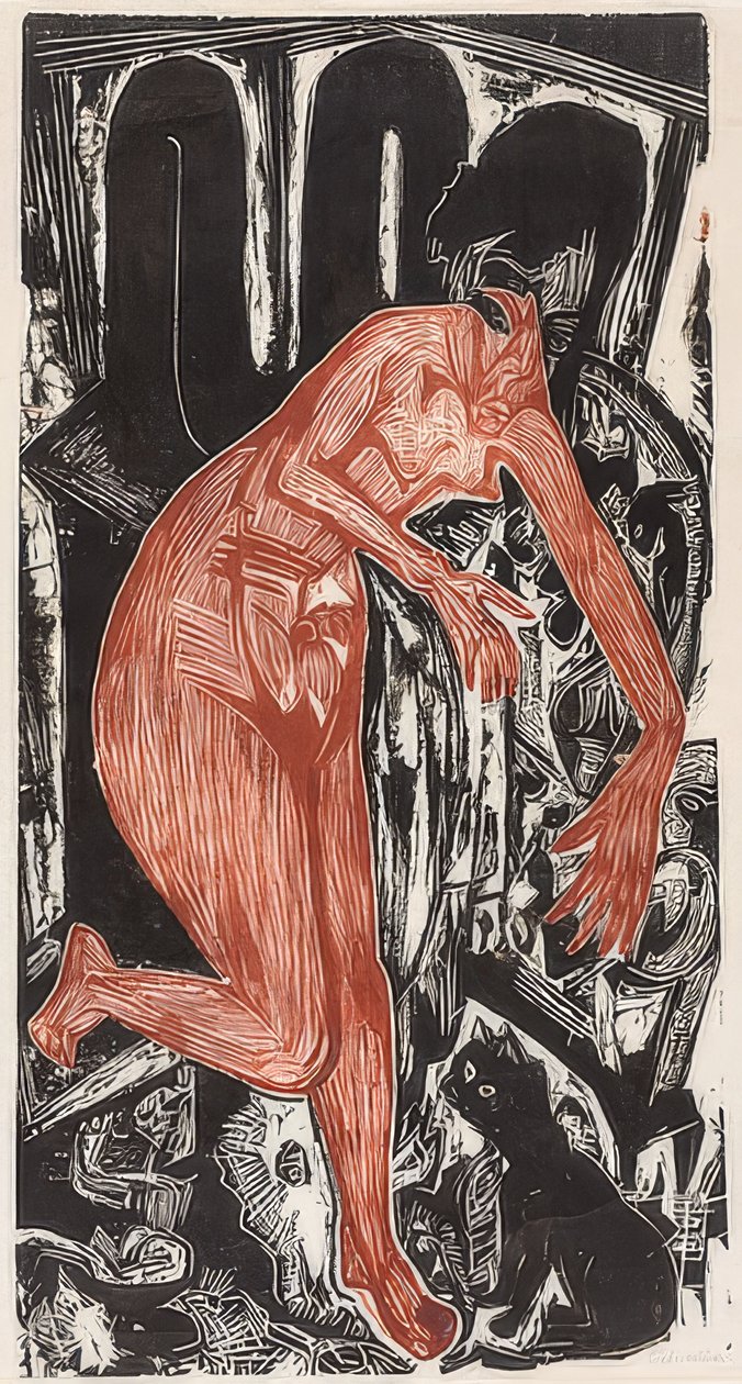 Mulher tomando banho no forno. 1919 de Ernst Ludwig Kirchner