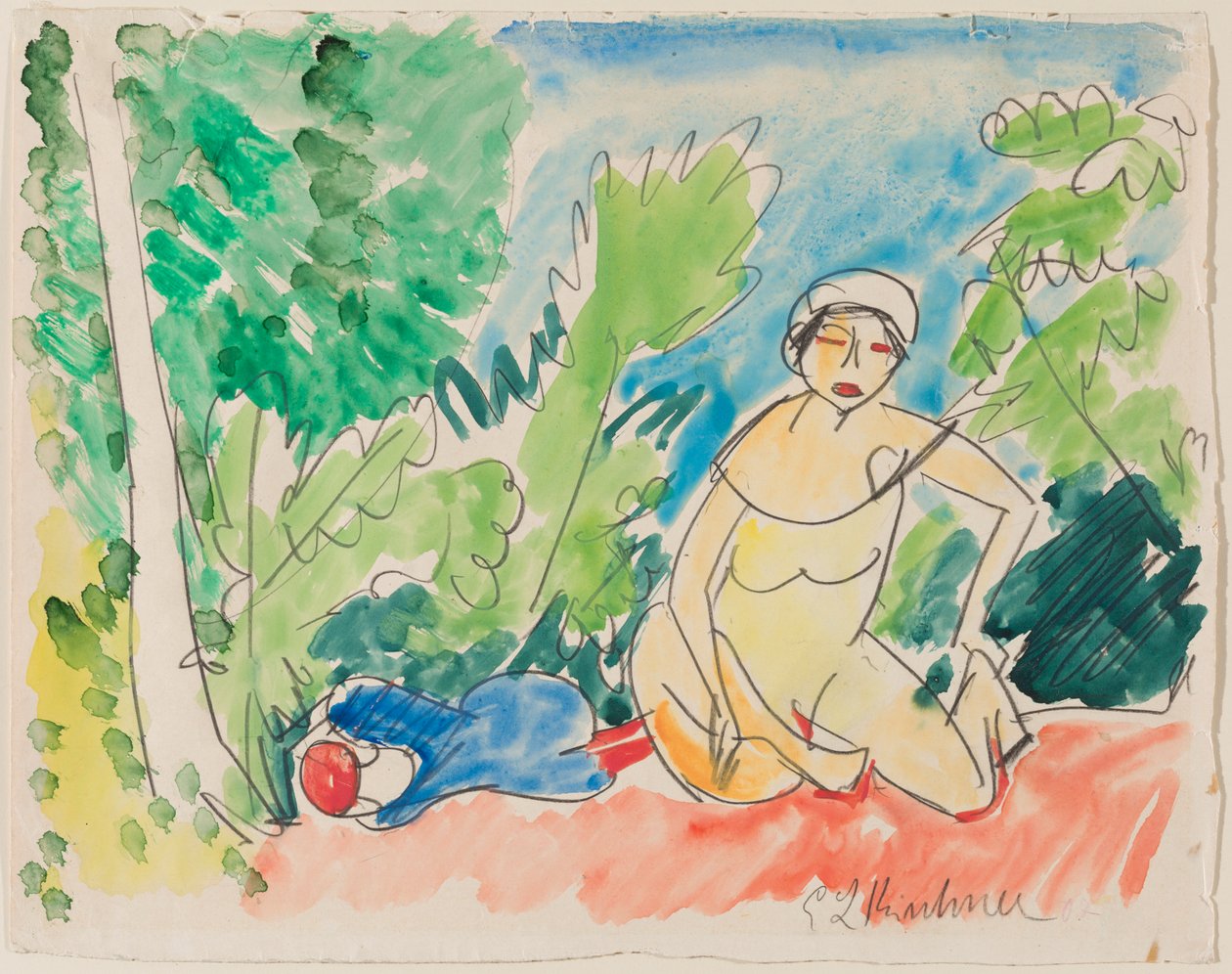 Banhistas no lago , c.1907 (aguarela sobre lápis sobre papel) de Ernst Ludwig Kirchner