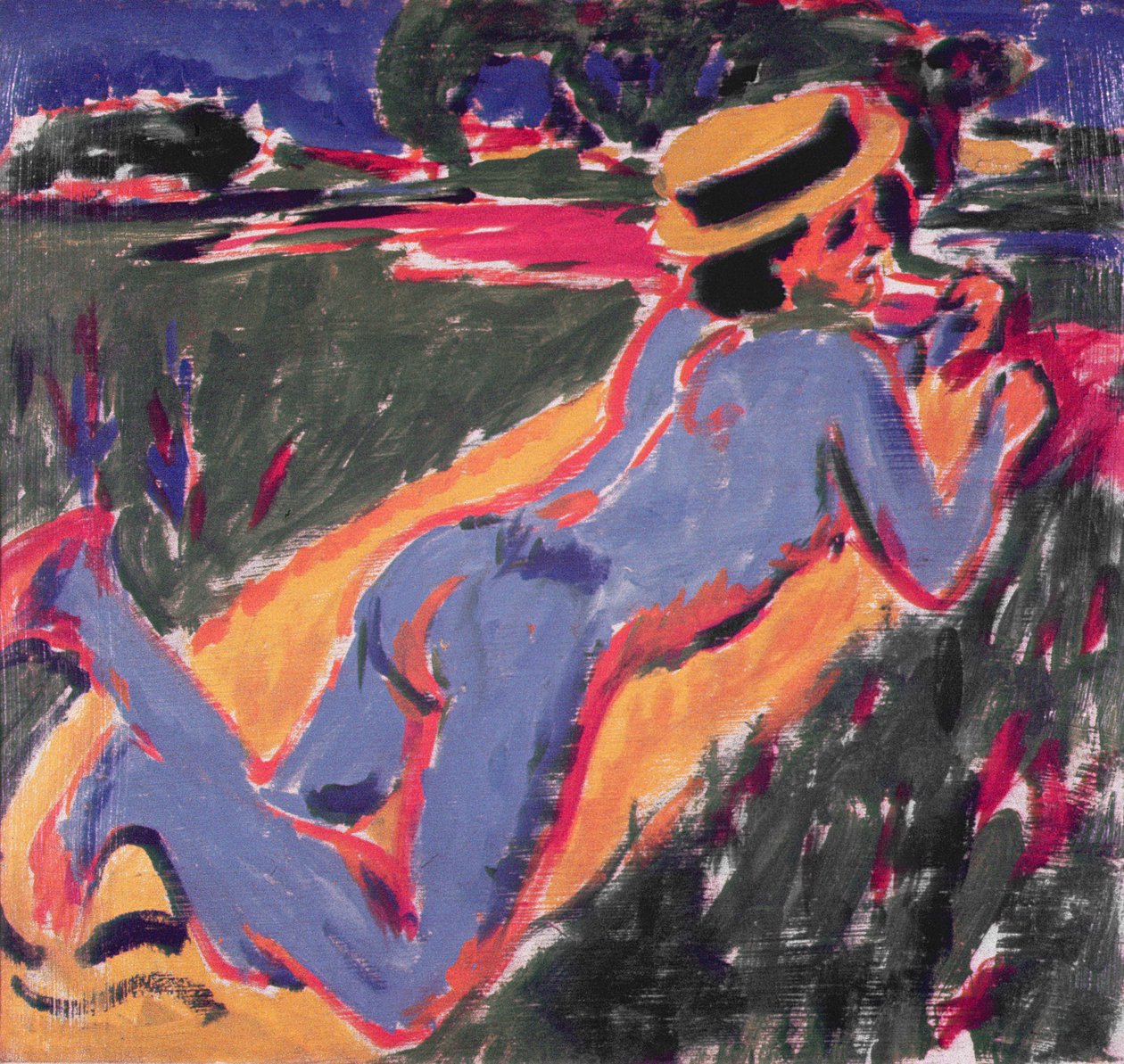 Nu Reclinado Azul com Chapéu de Palha, 1908 de Ernst Ludwig Kirchner