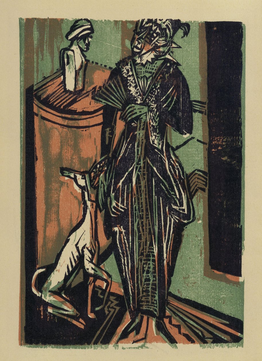 Senhora com cão. De: Catálogo da exposição de vestidos do atelier de bordados da senhora Eucken em Bremen de Ernst Ludwig Kirchner