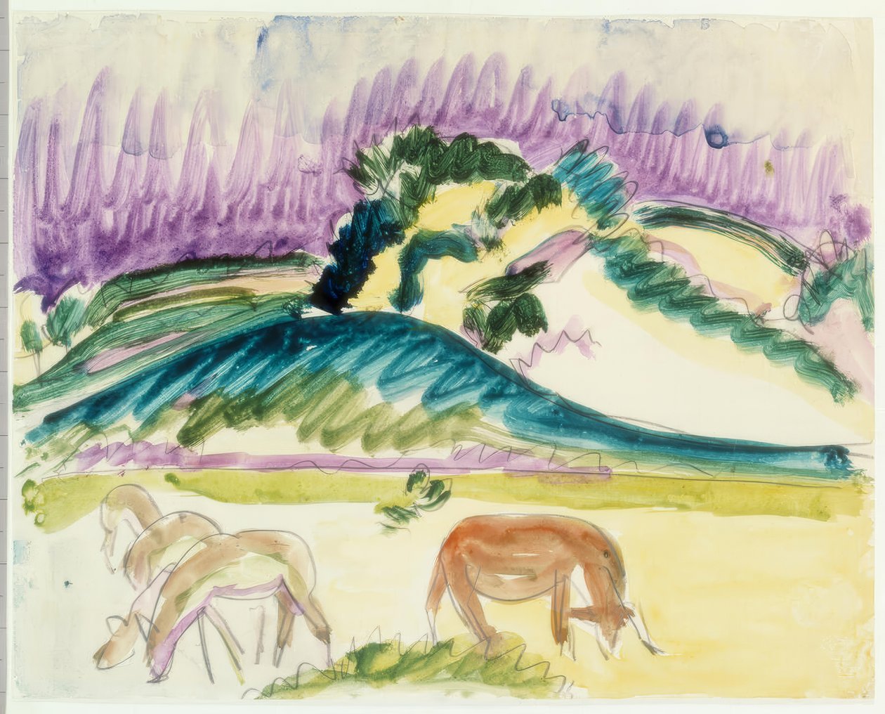 Três veados a pastar e uma vaca em Fehmarn de Ernst Ludwig Kirchner