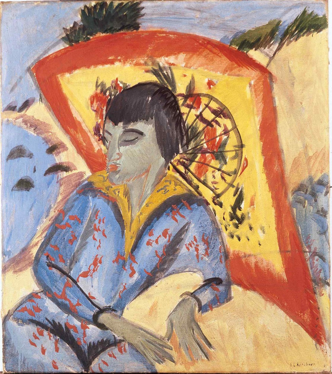 Erna com guarda-chuva japonês, 1913. de Ernst Ludwig Kirchner