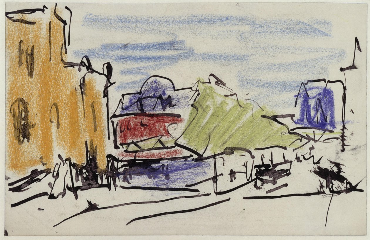 Paisagem fluvial com casas e ponte pedonal de Ernst Ludwig Kirchner