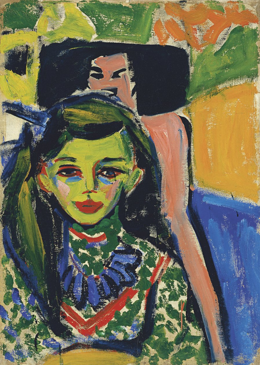 Fränzi em frente a uma cadeira esculpida de Ernst Ludwig Kirchner