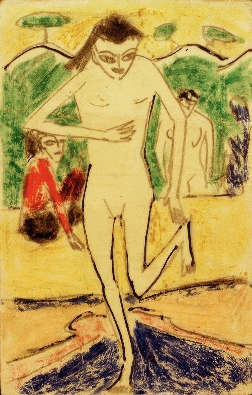 Fränzi na frente da tapeçaria de Ernst Ludwig Kirchner
