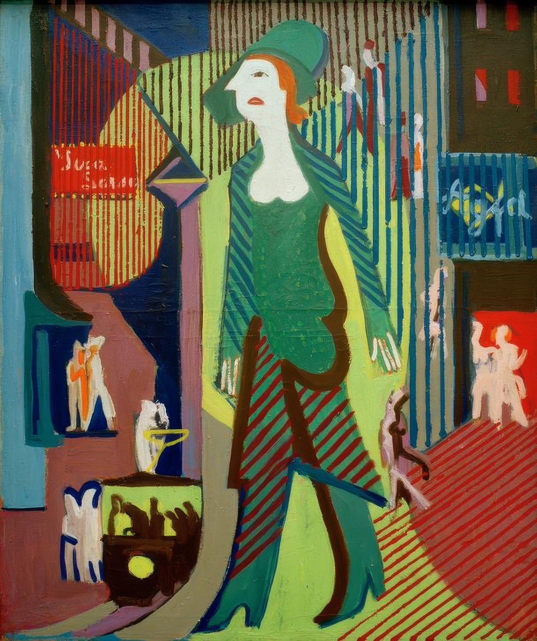 Mulher passa por rua noturna; mulher noite de Ernst Ludwig Kirchner