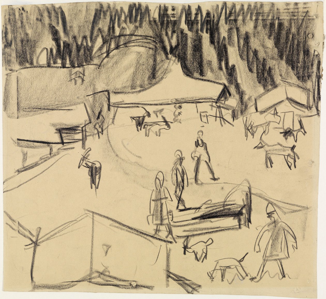 Aldeia de montanha (Staffelalp) com pastores e cabras de Ernst Ludwig Kirchner