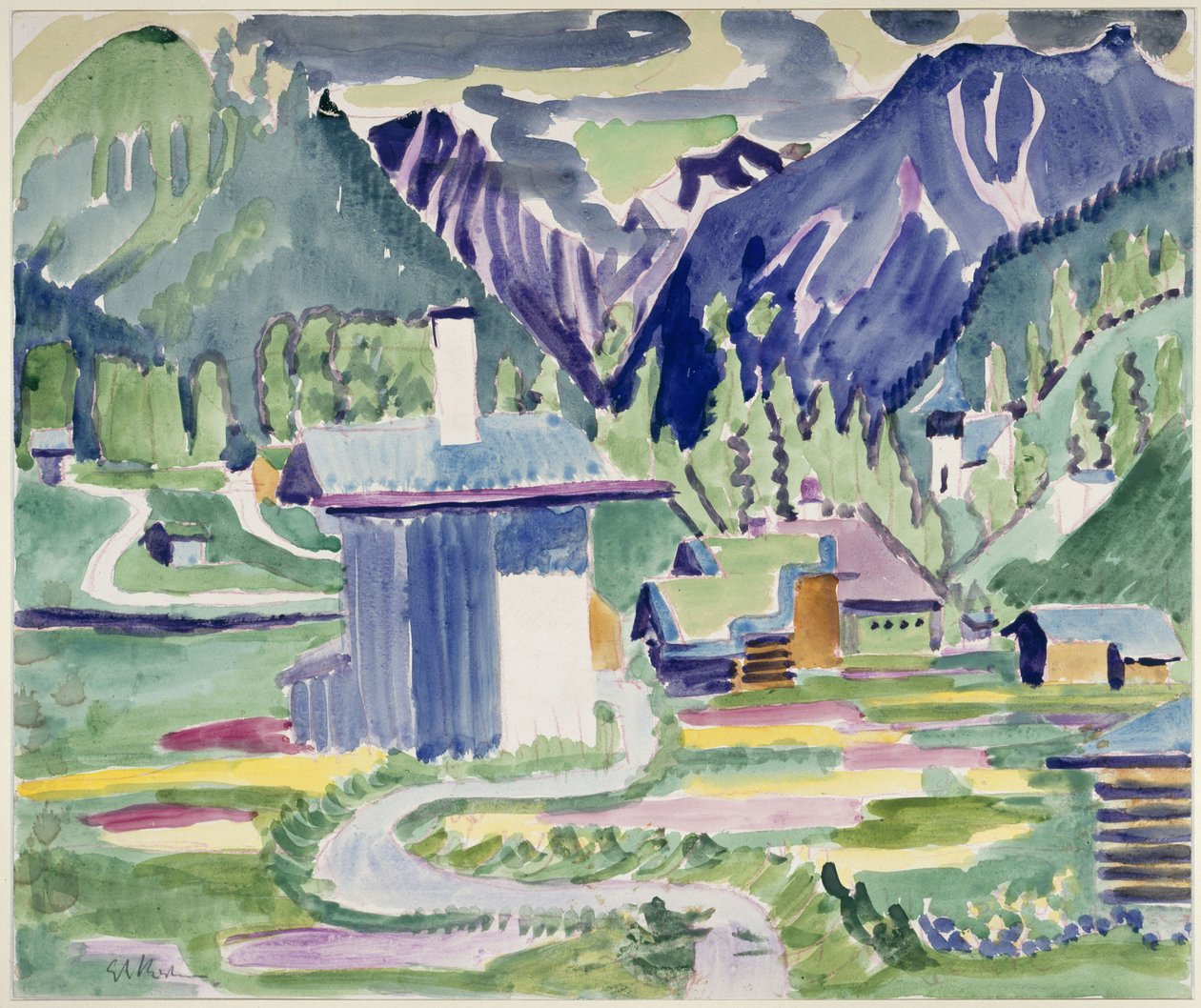 Casas em Islen, com vista para a igreja de Frauenkirch de Ernst Ludwig Kirchner