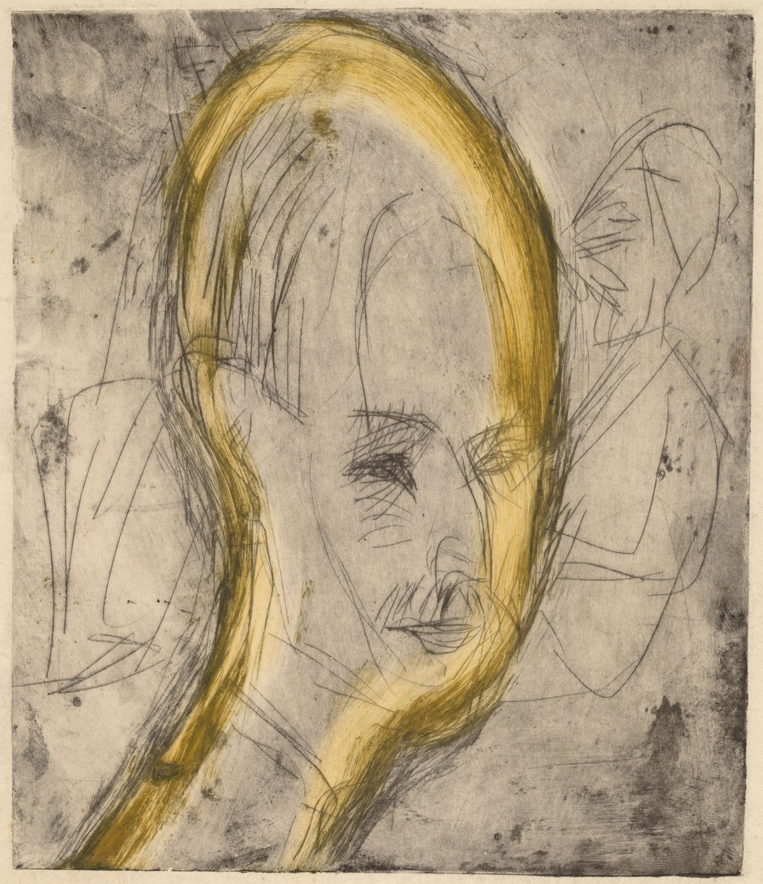Chefe do Dr. Bauer, 1921 (gravura e drypoint impresso em preto com monótipo amarelo de limpeza) de Ernst Ludwig Kirchner