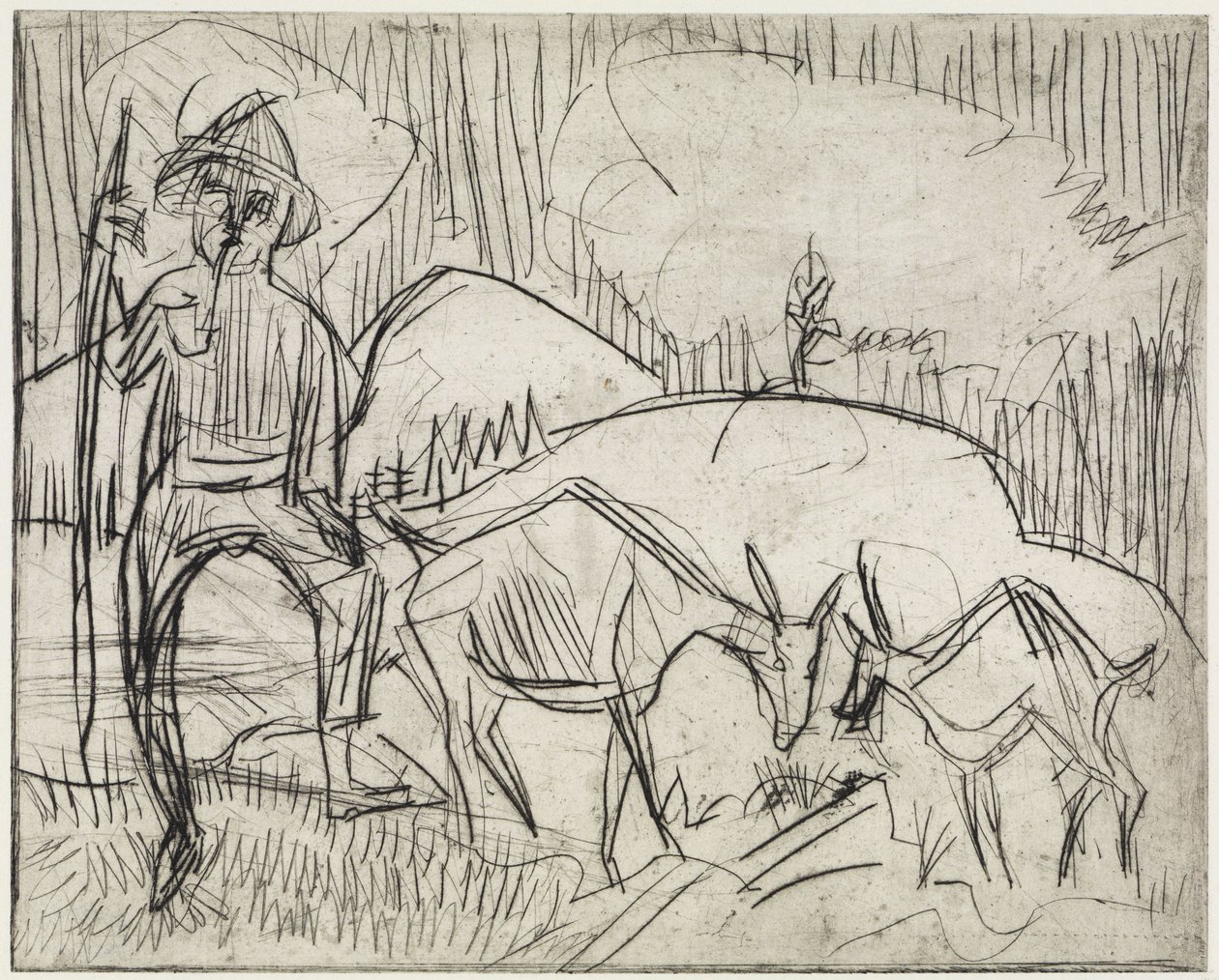 Pastor com cabras/Encosta de montanha com pessoas e cabras de Ernst Ludwig Kirchner