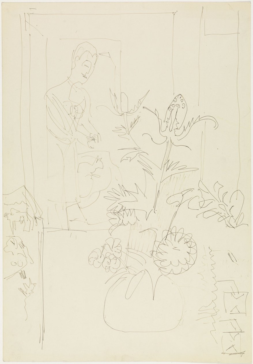 Interior com jarra de flores, mulher e gato de Ernst Ludwig Kirchner