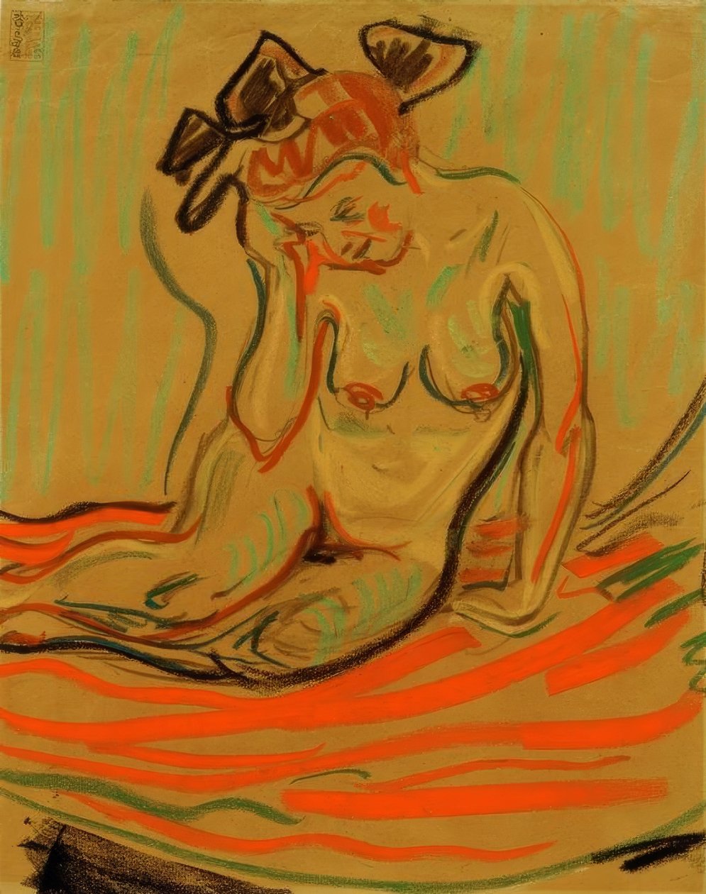 Nu feminino encolhido com braço apoiado de Ernst Ludwig Kirchner