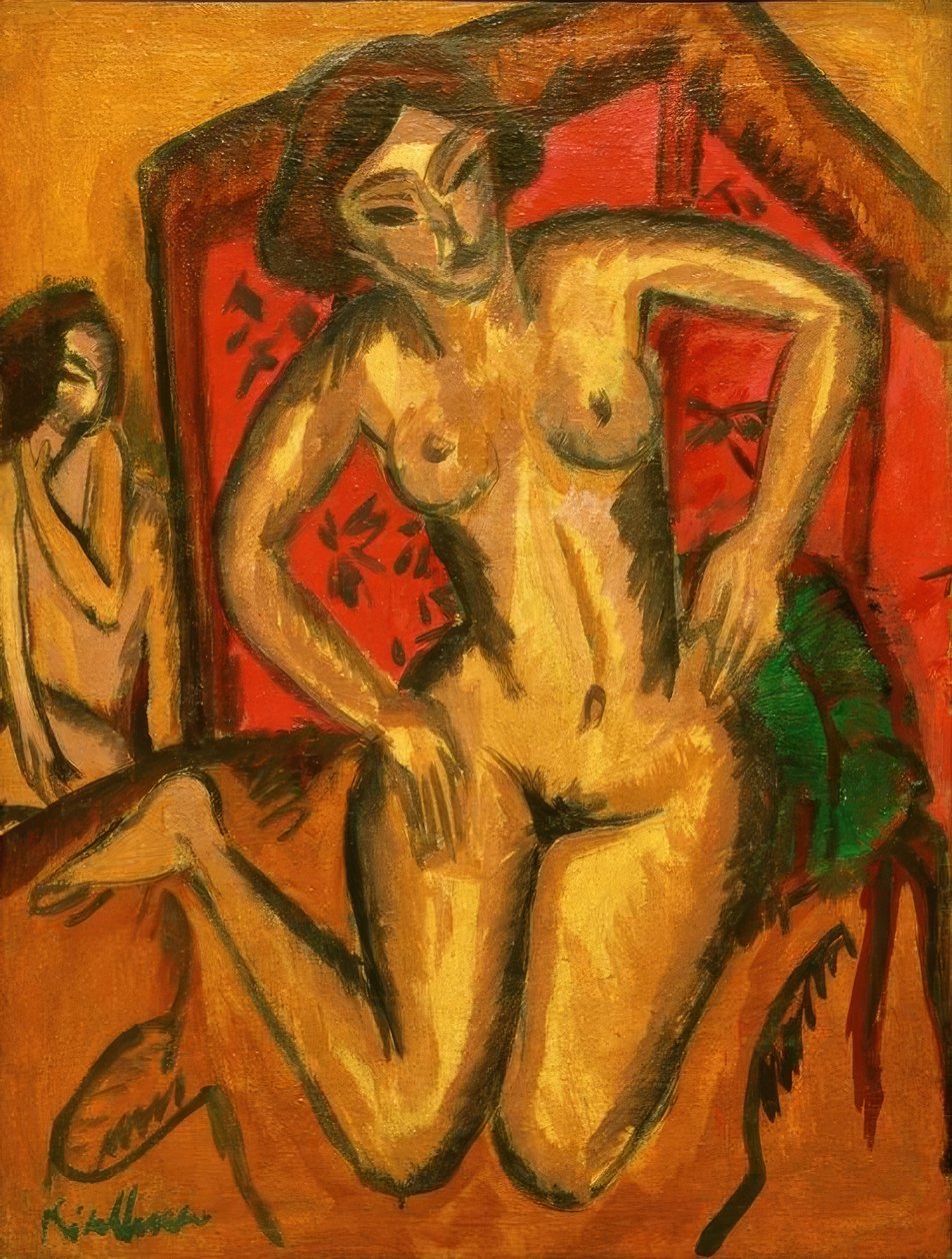 Ajoelhar garota agir na frente da tela vermelha de Ernst Ludwig Kirchner