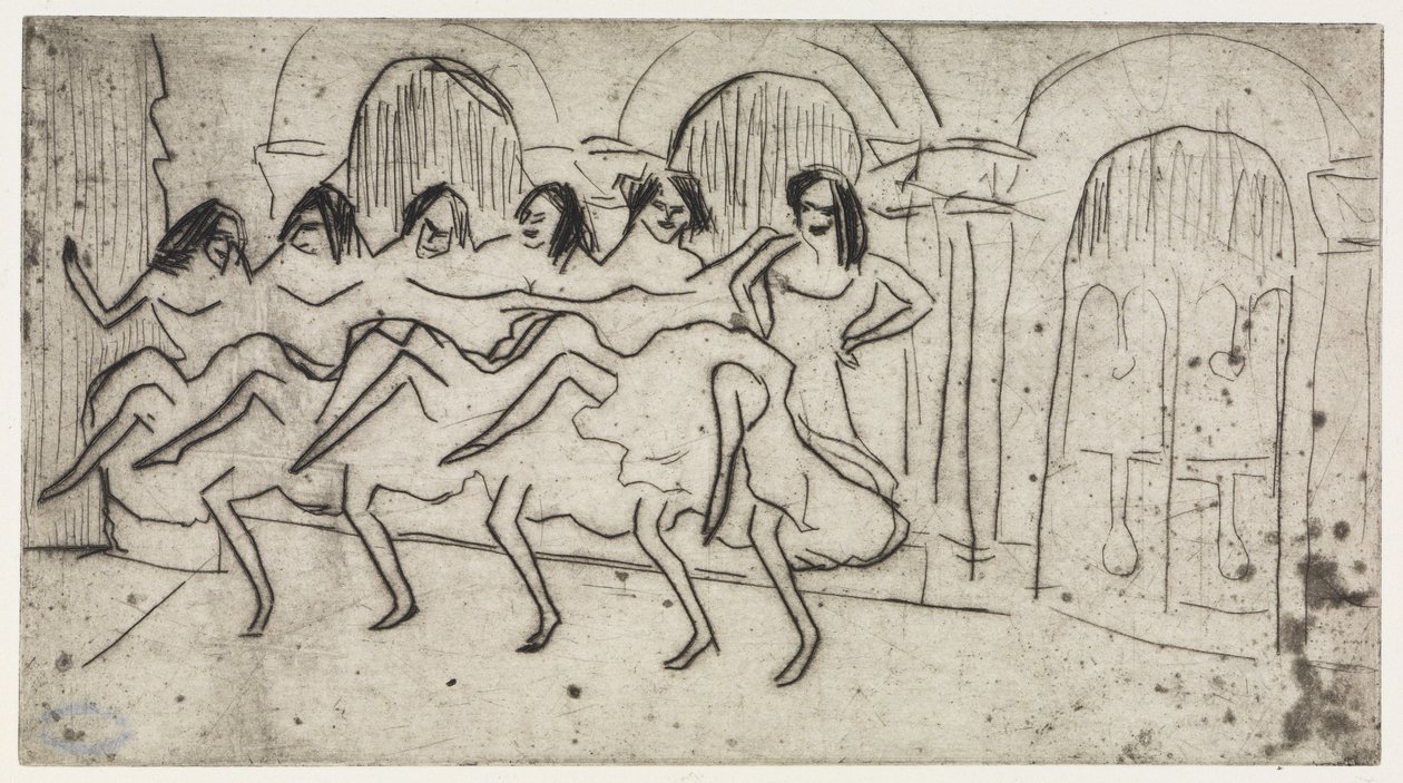 Lotte deitada sobre almofadas/Seis bailarinas perante uma decoração em forma de arco - Conjunto inglês de Ernst Ludwig Kirchner