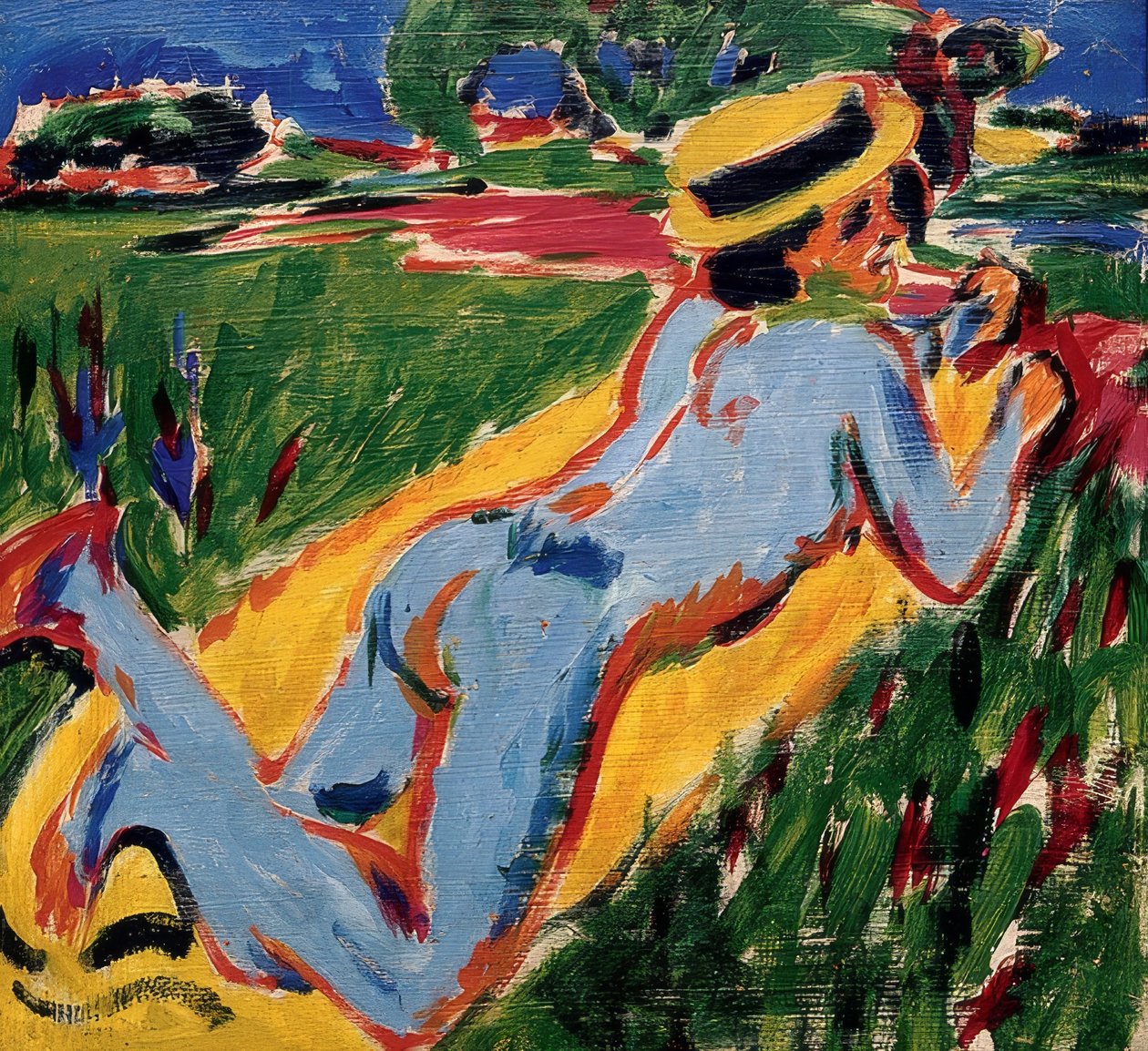 Mentindo nu azul com um chapéu de palha. 1909 de Ernst Ludwig Kirchner