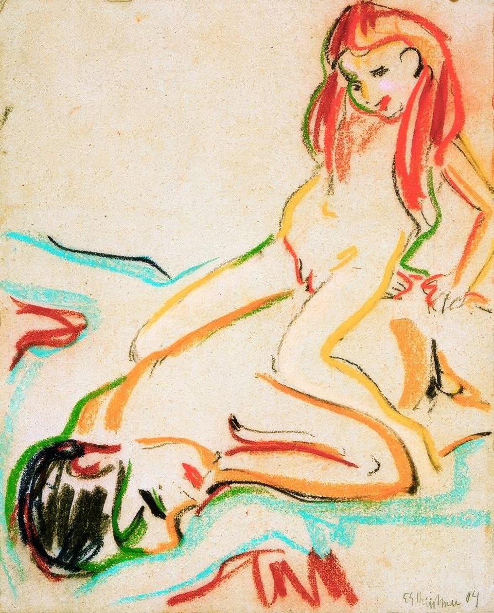 Deitado homem nu com criança nas costas de Ernst Ludwig Kirchner