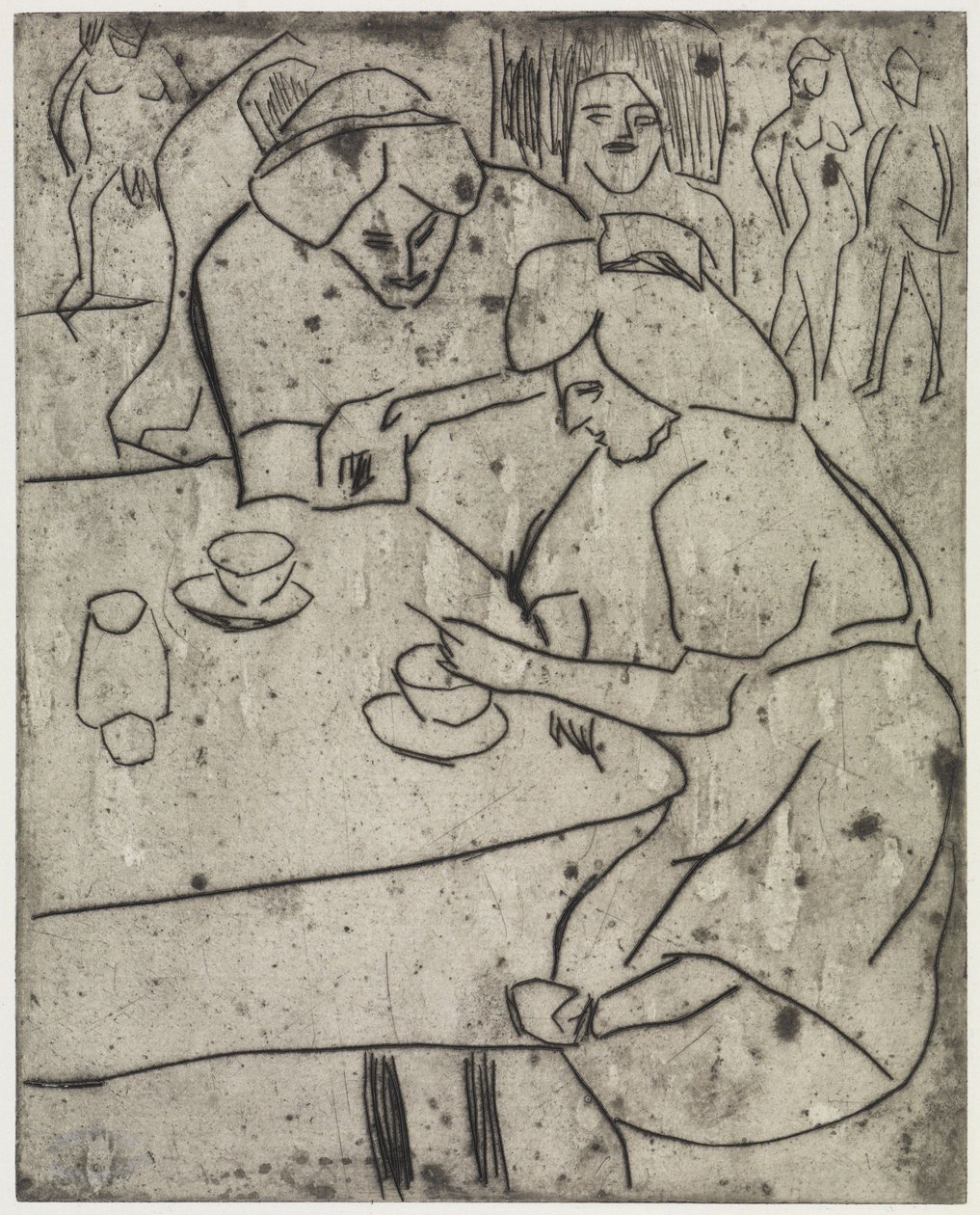 Menina a esfregar a barriga de outra menina/Menina à mesa de café de Ernst Ludwig Kirchner