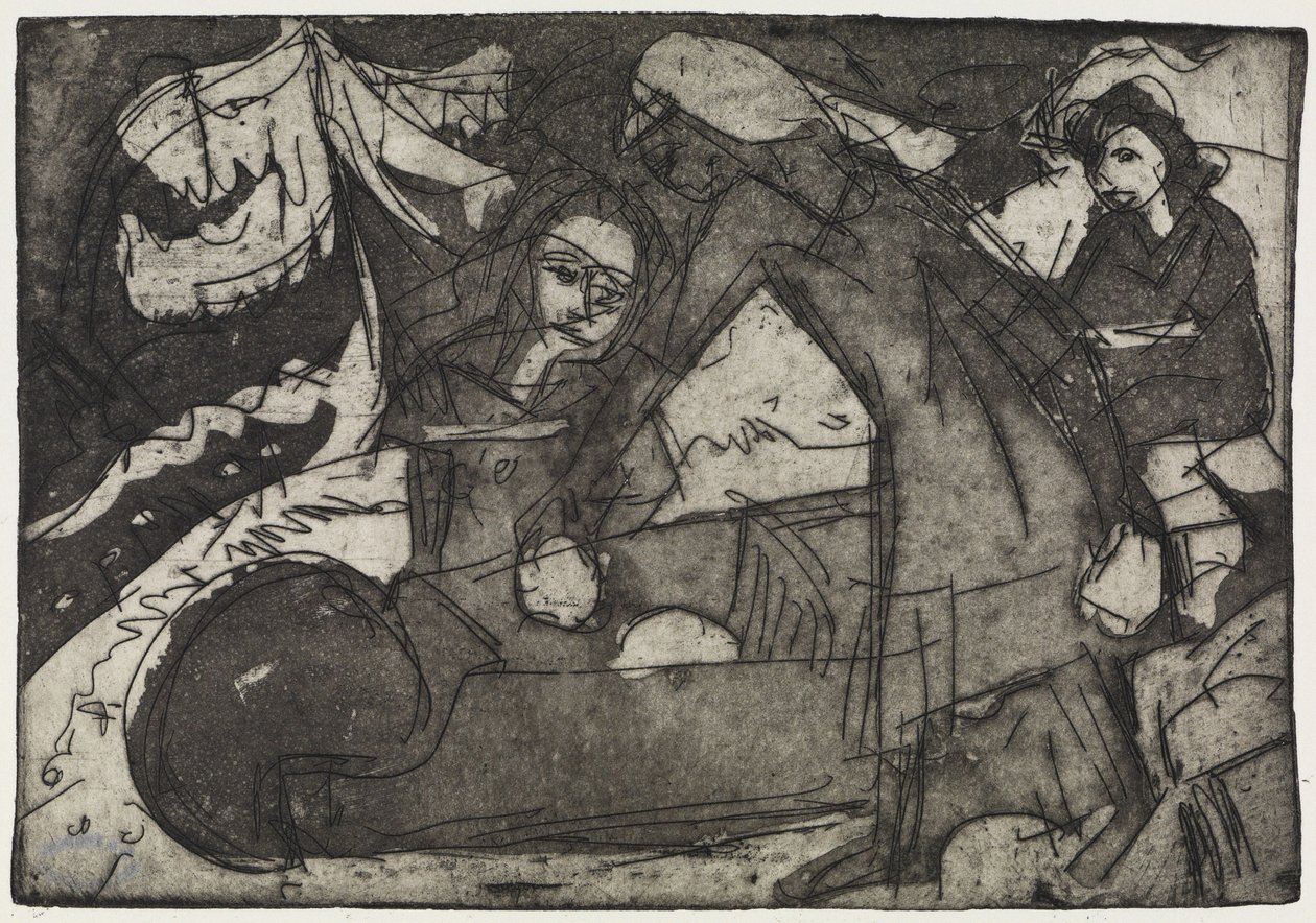 Menina com dois filhos/Crianças com um carrinho de mão de Ernst Ludwig Kirchner