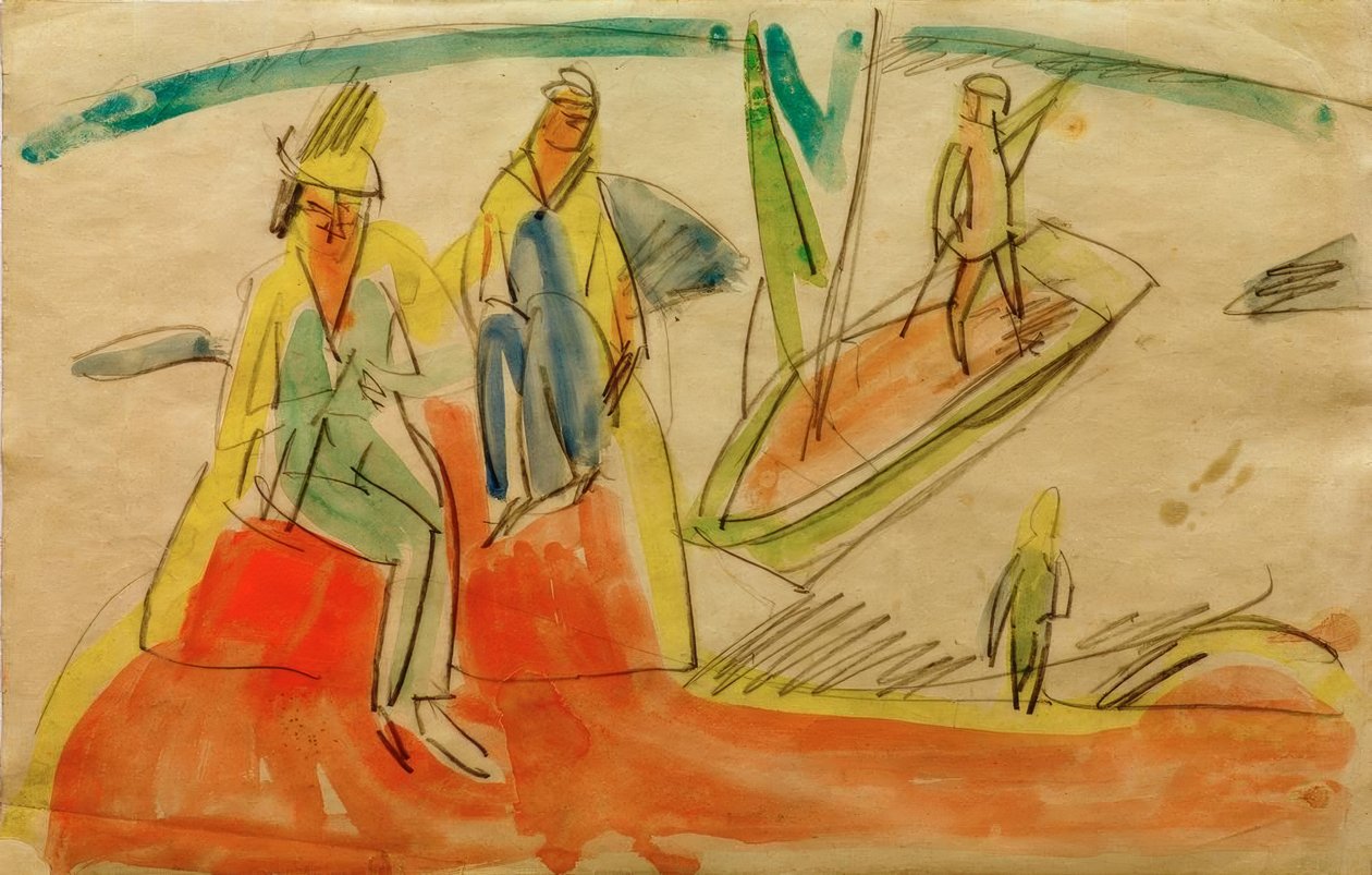 Pessoas e barco na praia de Ernst Ludwig Kirchner