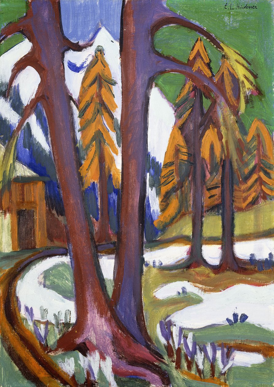Primavera no início da montanha com Larchen; Berg-Vorfruhling mit Larchen, c.1921-1923 de Ernst Ludwig Kirchner