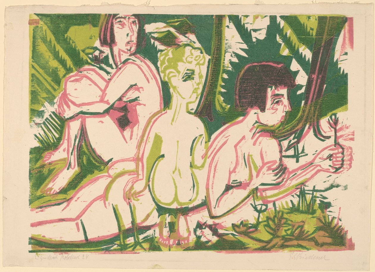 Mulheres nuas com uma criança na floresta de Ernst Ludwig Kirchner