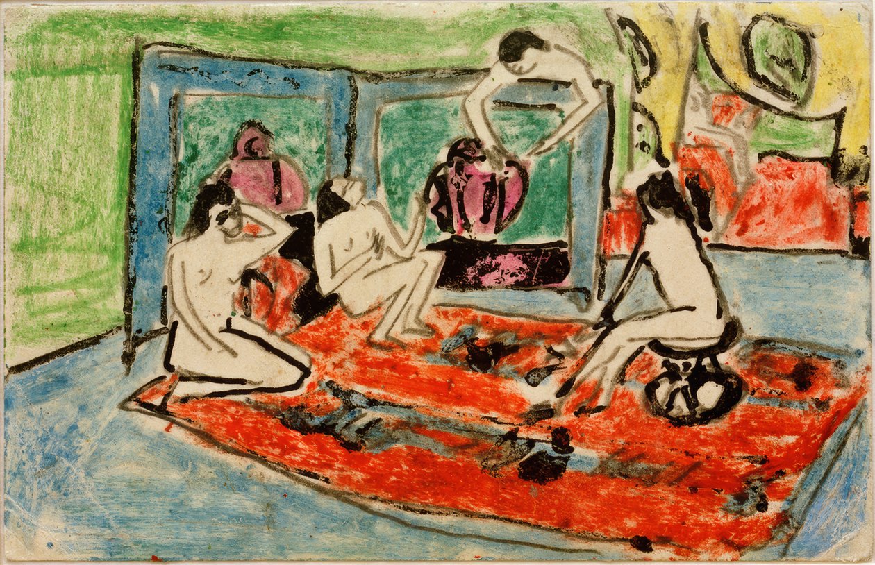 Cartão postal para Maschka Mueller de 17.02.1911 (Quatro mulheres nuas no estúdio) de Ernst Ludwig Kirchner