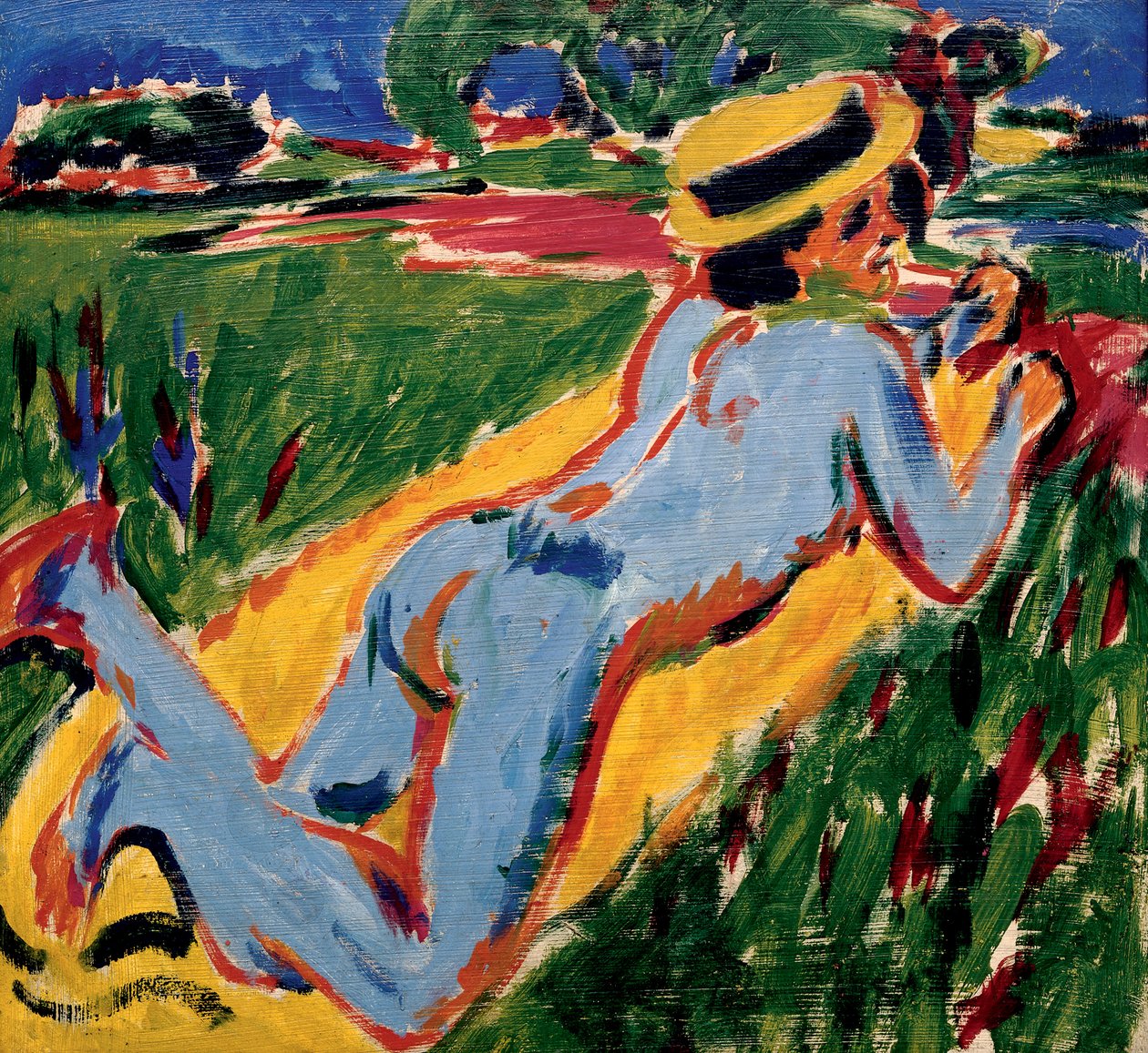 Reciclando nu azul em um chapéu de palha, 1909 de Ernst Ludwig Kirchner