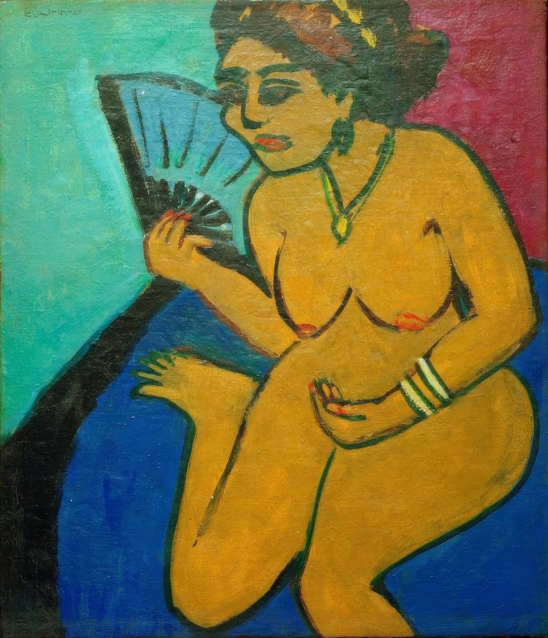 Sentado nu com ventilador de Ernst Ludwig Kirchner