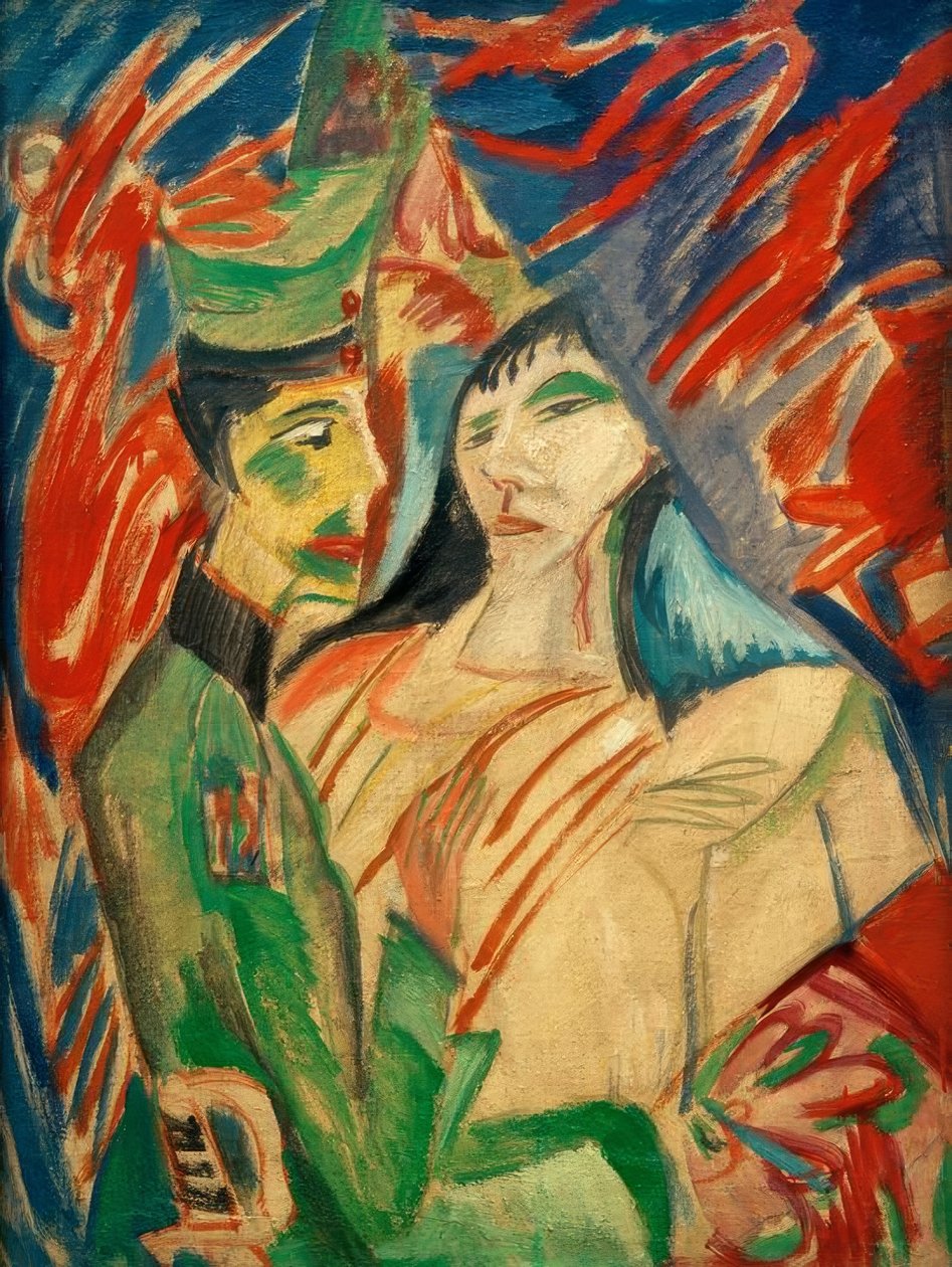Soldado e garota entre cortinas coloridas de Ernst Ludwig Kirchner