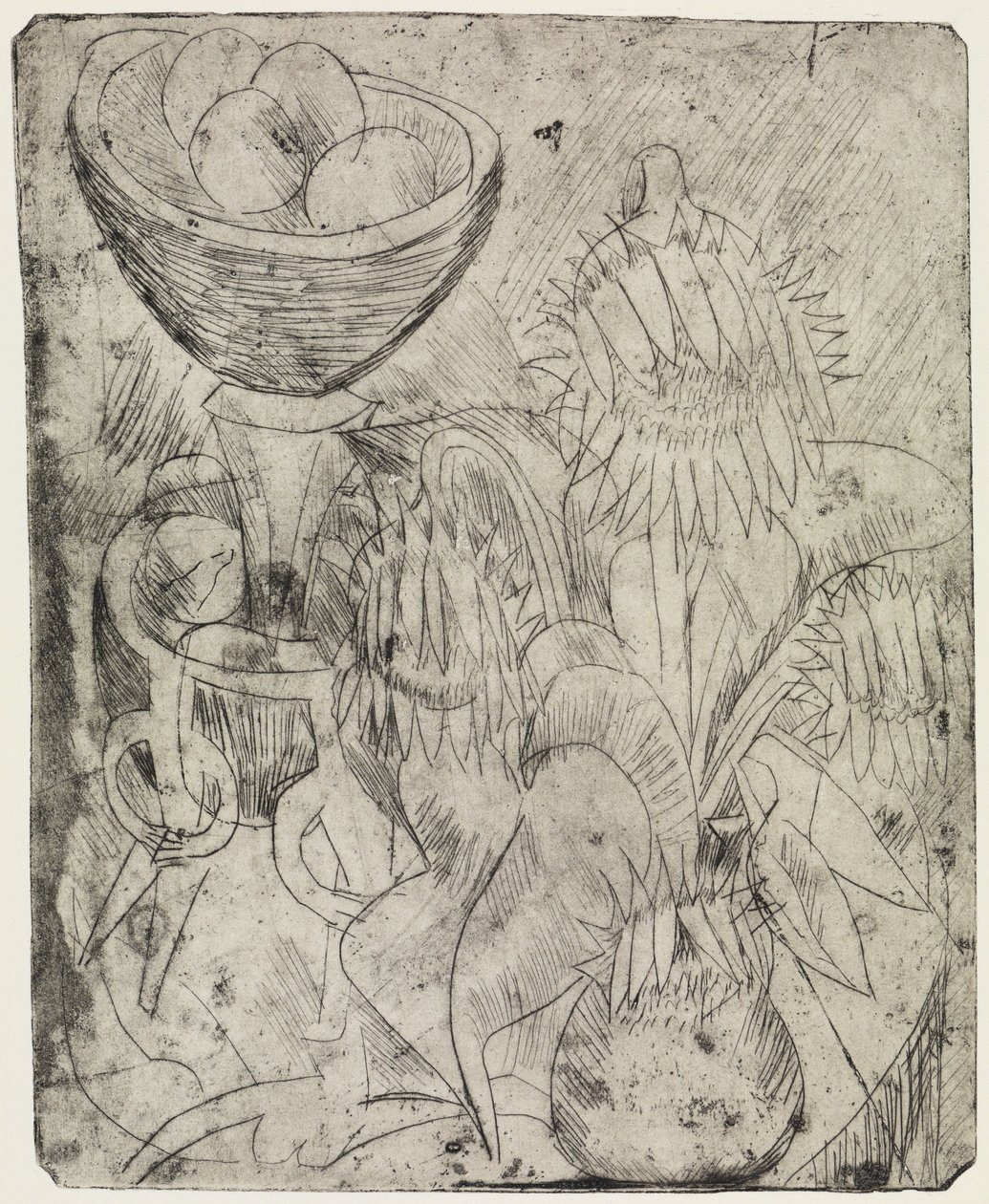 Natureza morta com girassóis e uma fruteira/Um emaranhado de transeuntes e um aparelho elétrico de Ernst Ludwig Kirchner