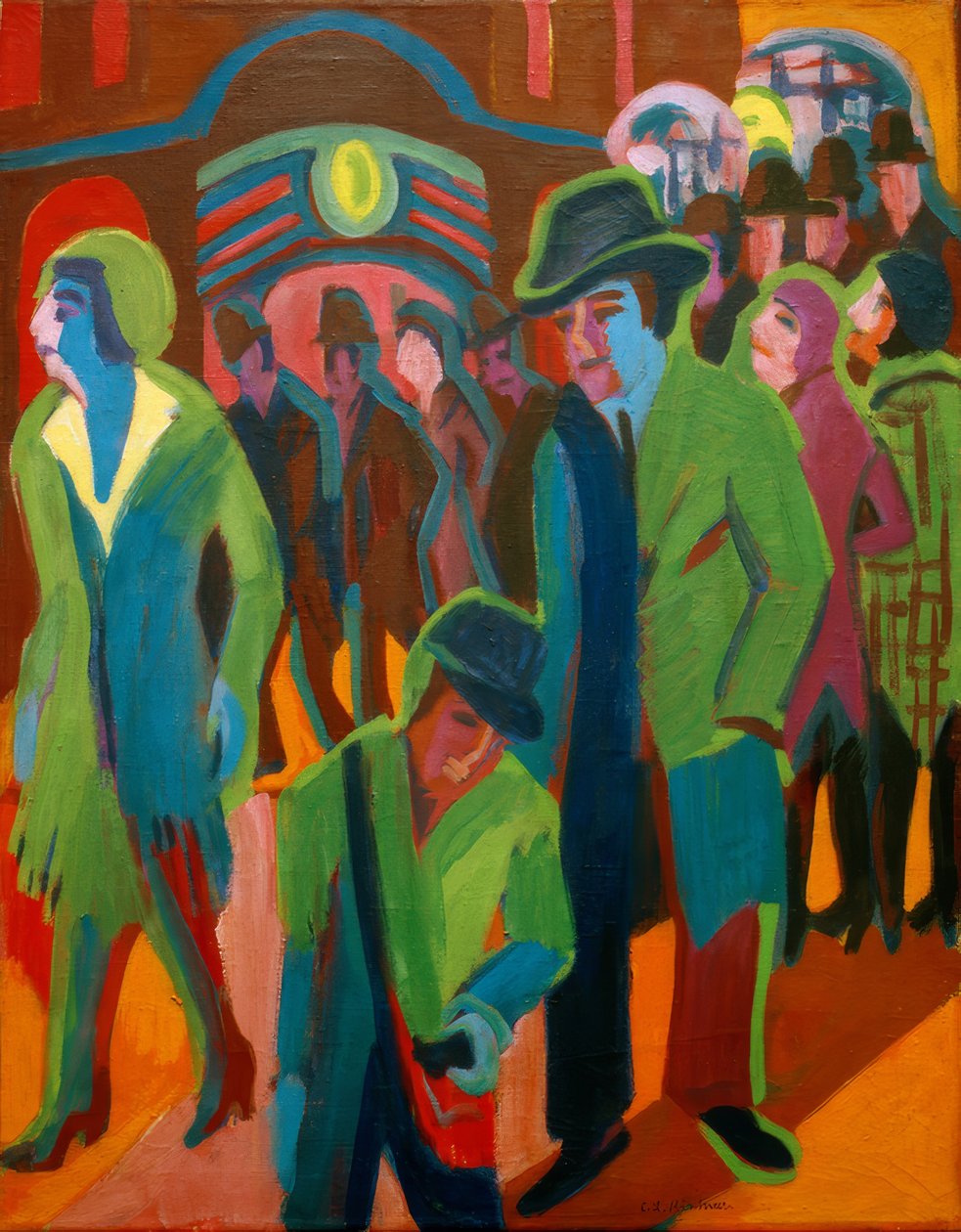 Rua com transeuntes à noite iluminação de Ernst Ludwig Kirchner