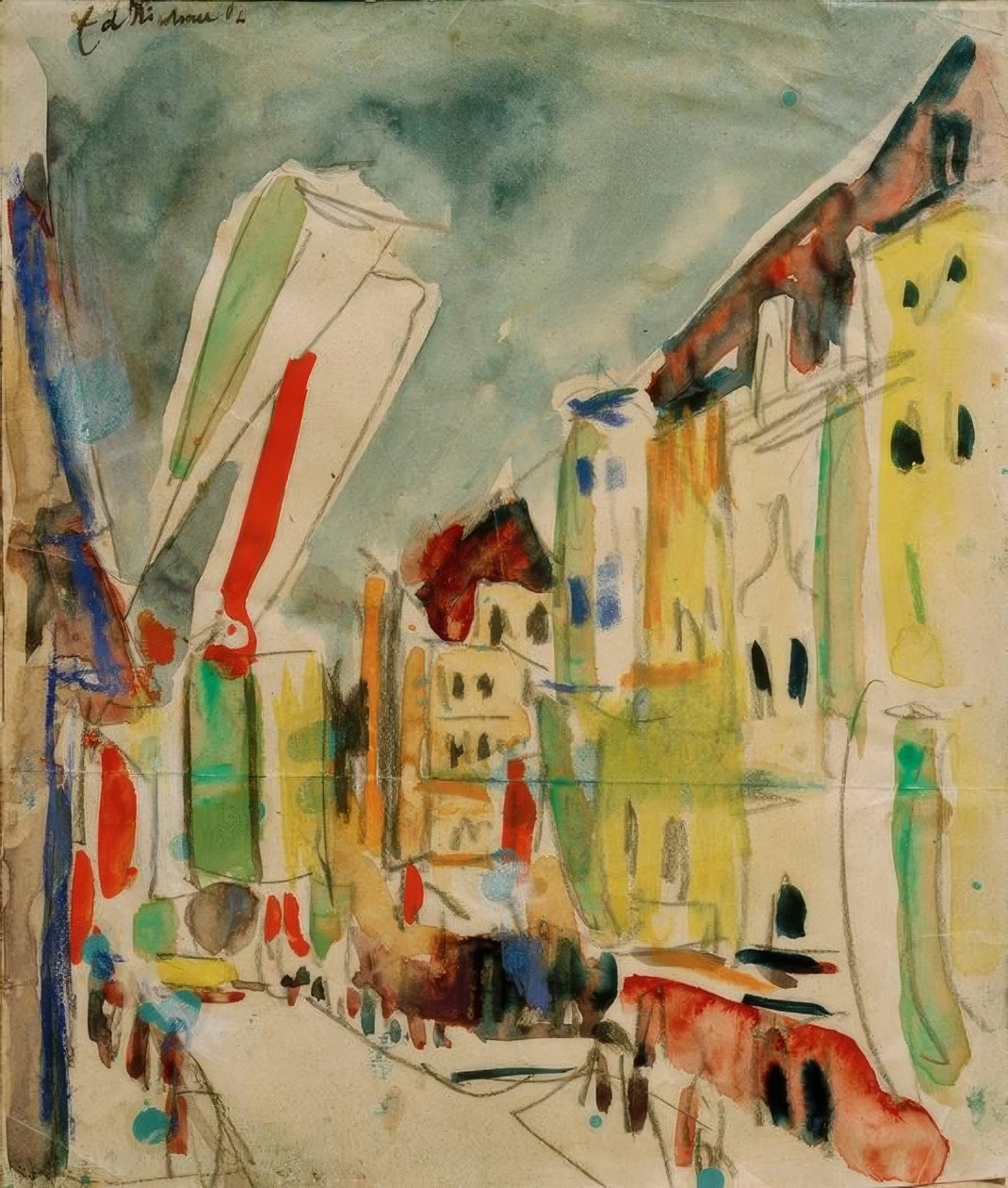 Cena de rua com bandeiras de Ernst Ludwig Kirchner