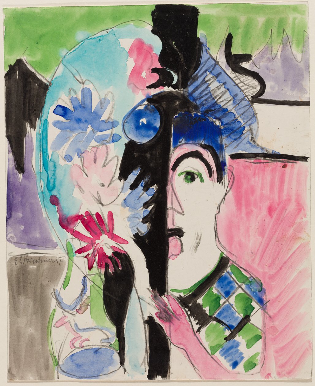 Estudo para «Cabeça de moleiro com flores» de Ernst Ludwig Kirchner