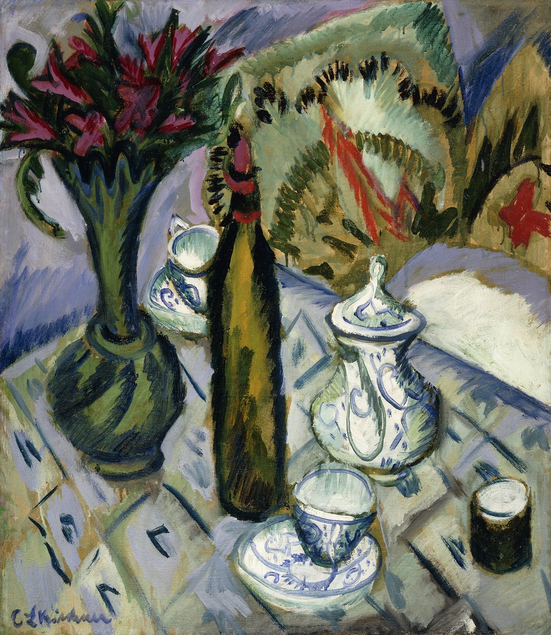 Bule, garrafa e flores vermelhas; Bule, garrafa e flores vermelhas, 1912 de Ernst Ludwig Kirchner