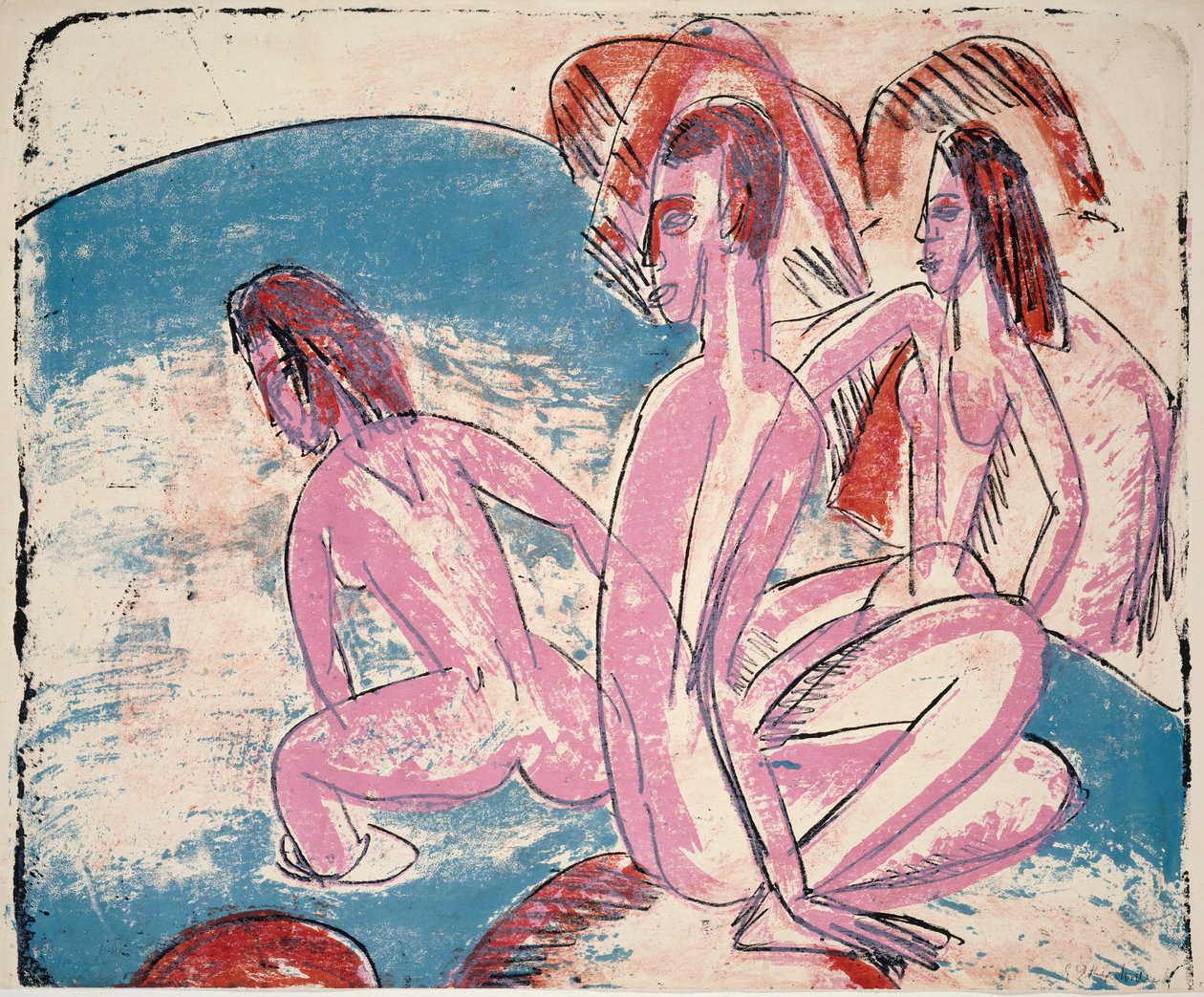 Três banhistas por pedras de Ernst Ludwig Kirchner