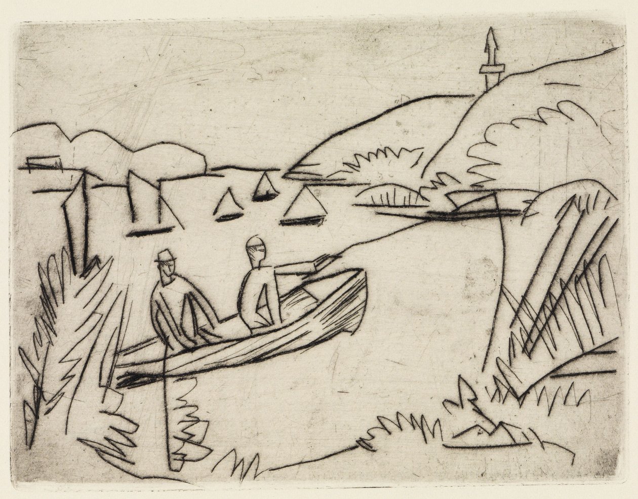 Dois banhistas nos lagos de Moritzburg/Um pescador num barco no Müggelsee de Ernst Ludwig Kirchner
