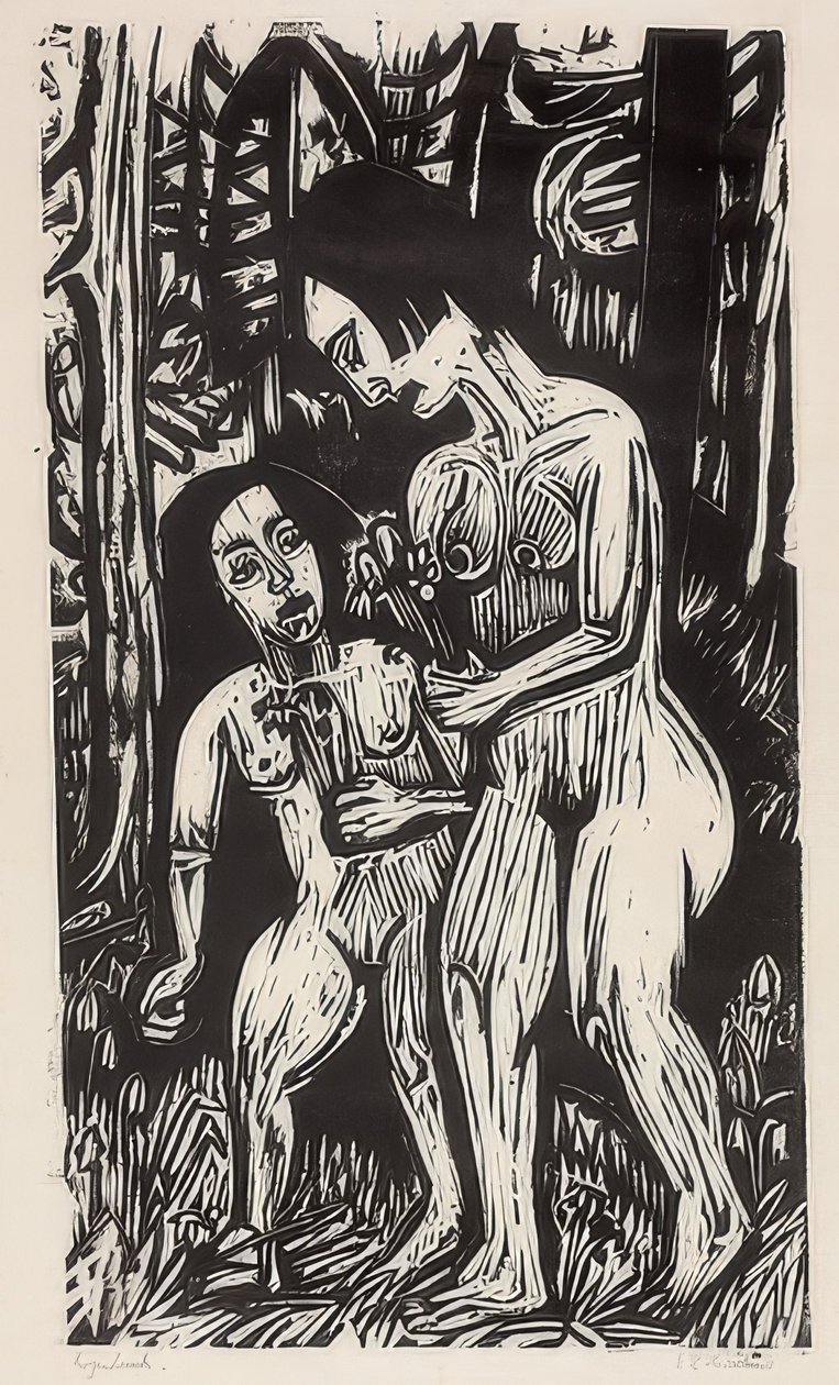 Duas garotas nuas com flores na floresta. 1923 de Ernst Ludwig Kirchner