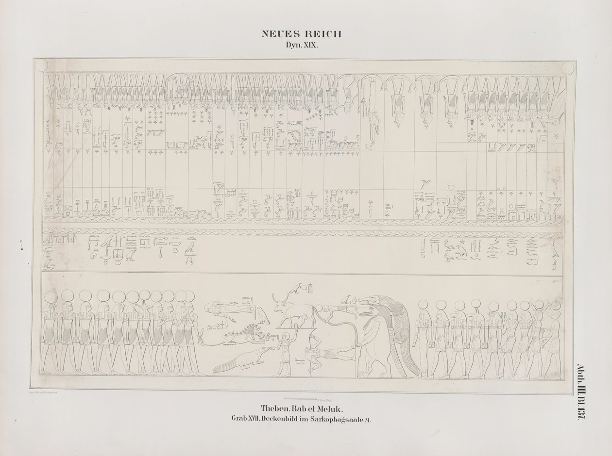 Desenho da pintura do teto no Sarcophagus Hall, 19ª Dinastia, Tebas, Biban-el-Muluk, Novo Reino, ilustração de "Monumentos ao Egito e Etiópia ...", de Richard Lepsius de Ernst Weidenbach